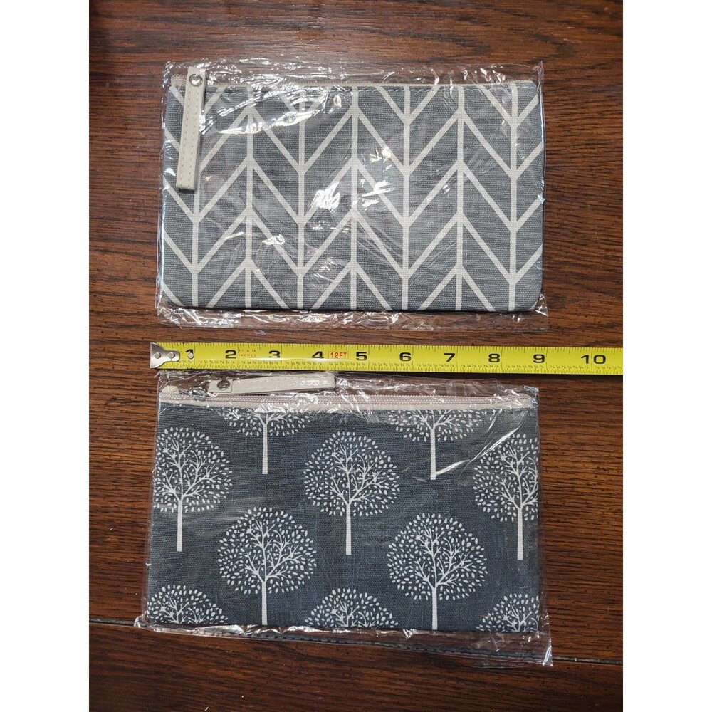 2pc  Canvas Zipper Pouch Set Gray Tree Herringbone Cosmetic Pencil Cas